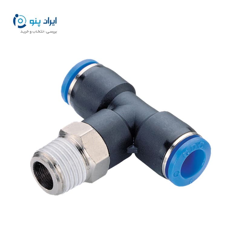 اتصال سه‌راهی وسط‌دنده مینیاتوری پنوماتیک برند CDC شیلنگ ۴ رزوه M3 مدل PT4-M3C