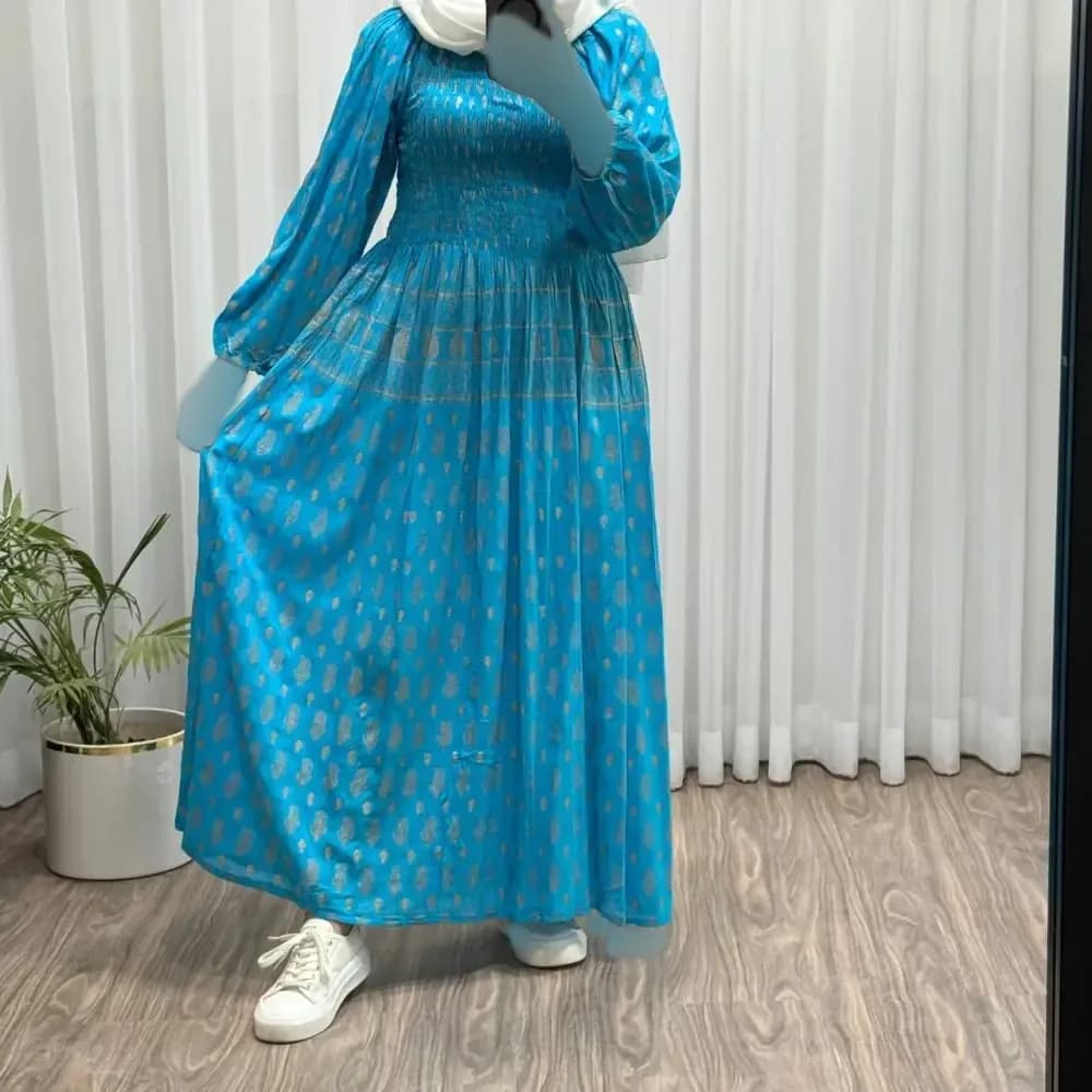 پیراهن کریشه هندی آستین دار فری سایز تا 52 زنانه چهارفصل شیک و راحت بدون آبرفت و رنگ رفت کمربنددار — تصویر ۹