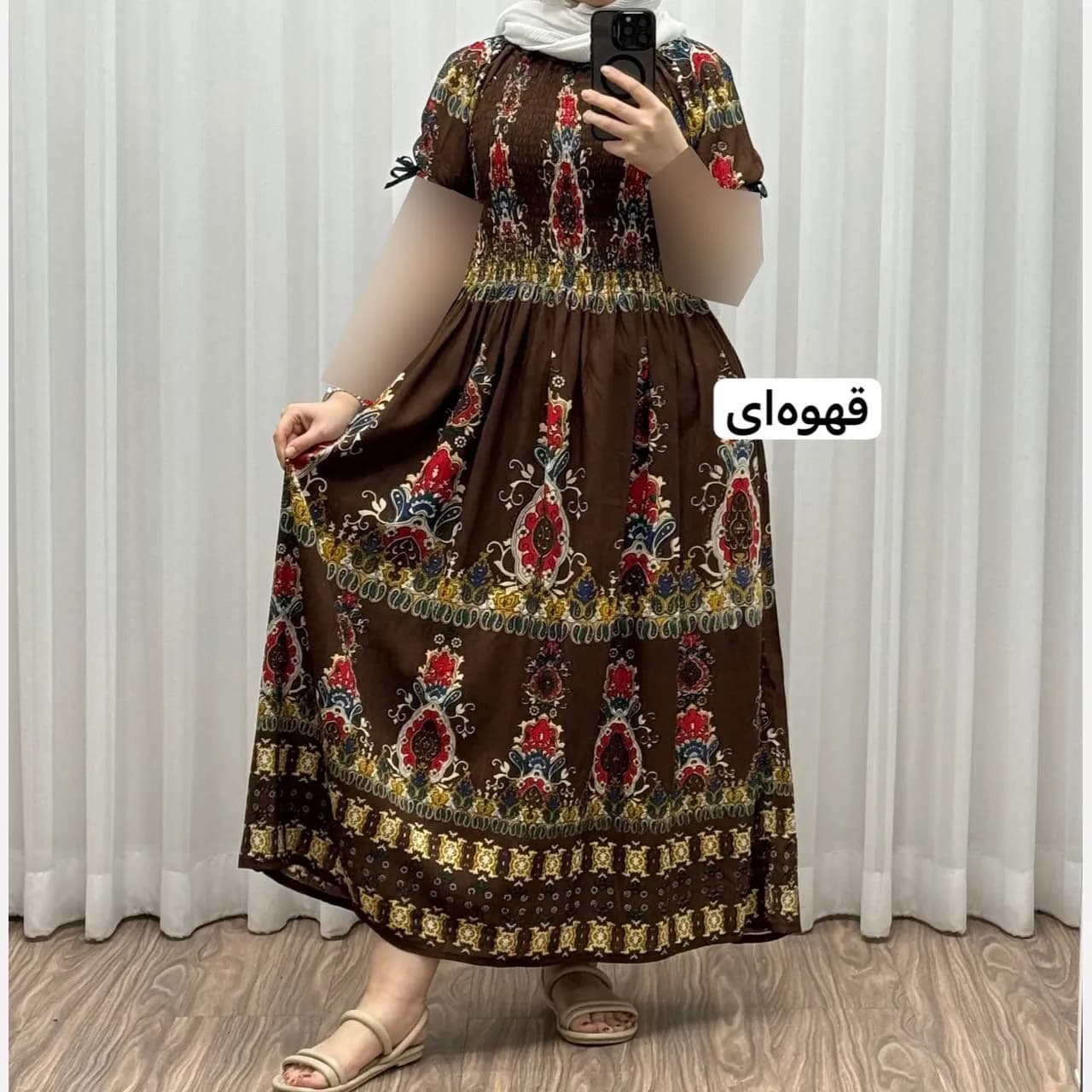 پیراهن کریشه آستین کوتاه زنانه فری سایز تا 52 کمربنددار چهارفصل تنخور شیک و راحت کد 1181 — تصویر ۵