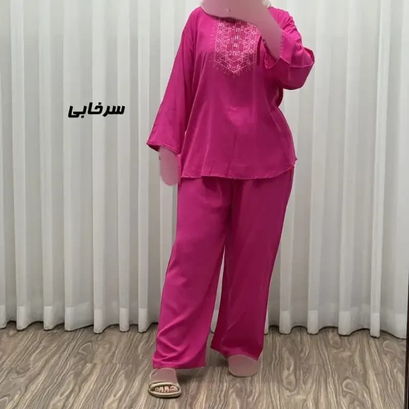 بلوز شلوار نخی مدل آیدا چاپی فری سایز مناسب تا سایز 50 شسته شده بدون آبرفت و رنگ رفت کمربند دار چهار فصل — تصویر ۱۲
