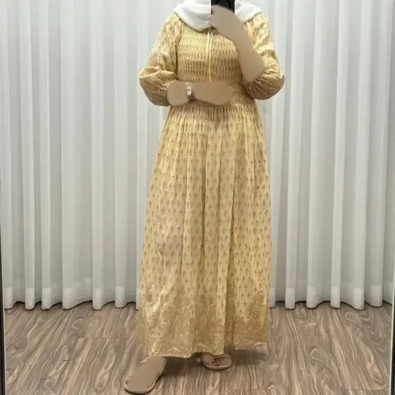 پیراهن کریشه طلاکوب فری سایز تا 52 قد 130 زنانه شیک و راحت چهارفصل بدون آبرفت و رنگ رفت — تصویر ۸