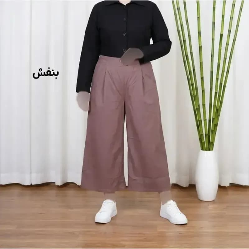 شلوار واید لنین نچرال فری سایز تا 50 تنخور شیک و راحت چهارفصل زنانه مناسب باردار و سایز درشت — تصویر ۵