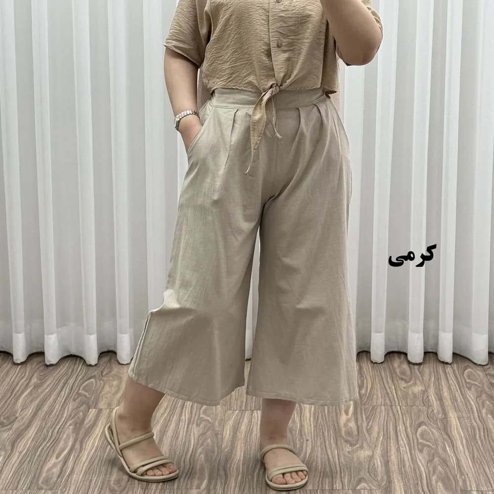 شلوار واید لنین نچرال فری سایز تا 50 تنخور شیک و راحت چهارفصل زنانه مناسب باردار و سایز درشت