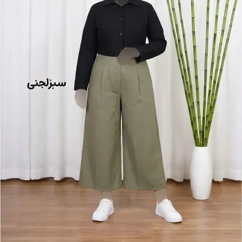 شلوار واید لنین نچرال فری سایز تا 50 تنخور شیک و راحت چهارفصل زنانه مناسب باردار و سایز درشت — تصویر ۶