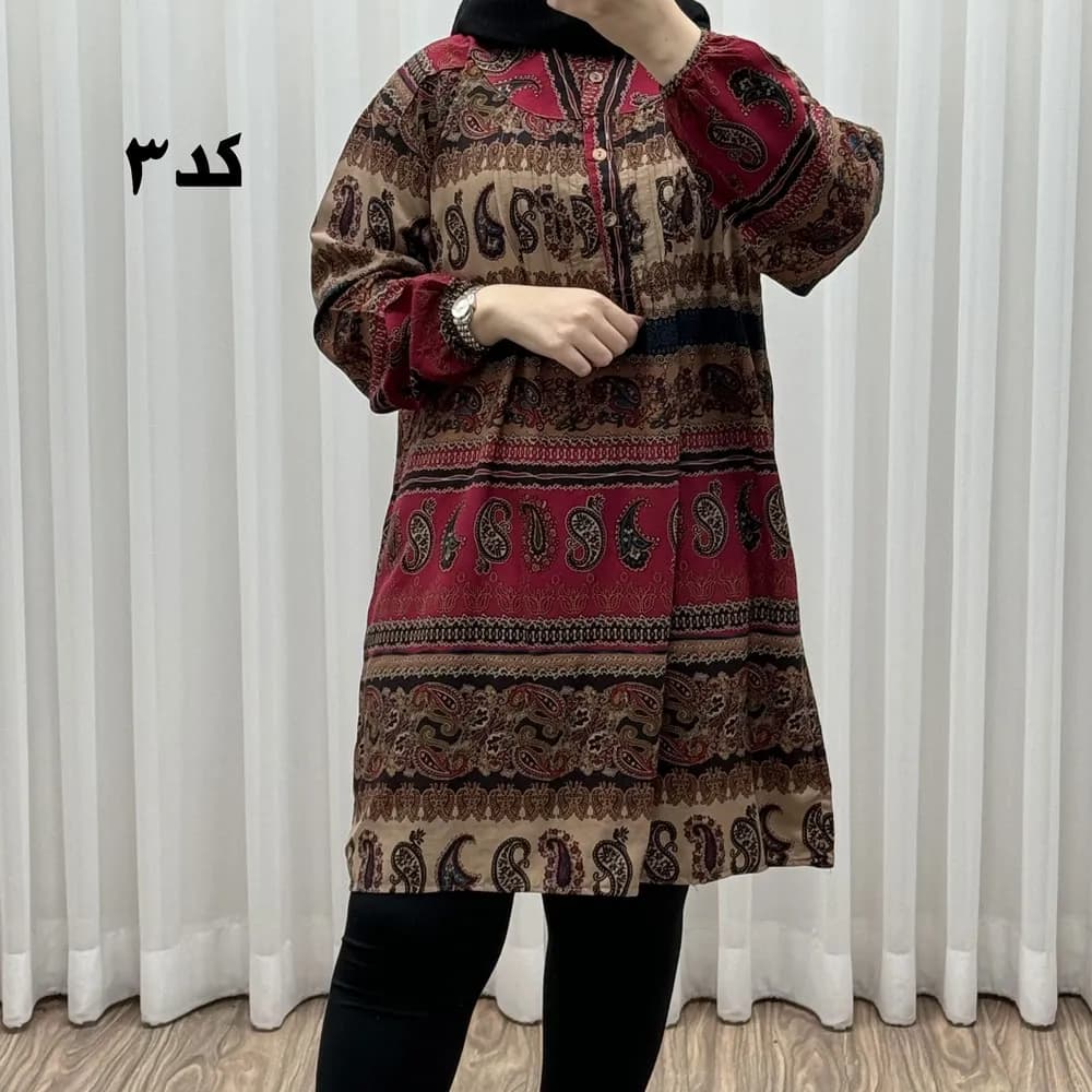 تونیک سایزبزرگ وارداتی مدل ترمه افقی کد 1617 جنس نخی چهارفصل زنانه سایز 6 تا 8 — تصویر ۲