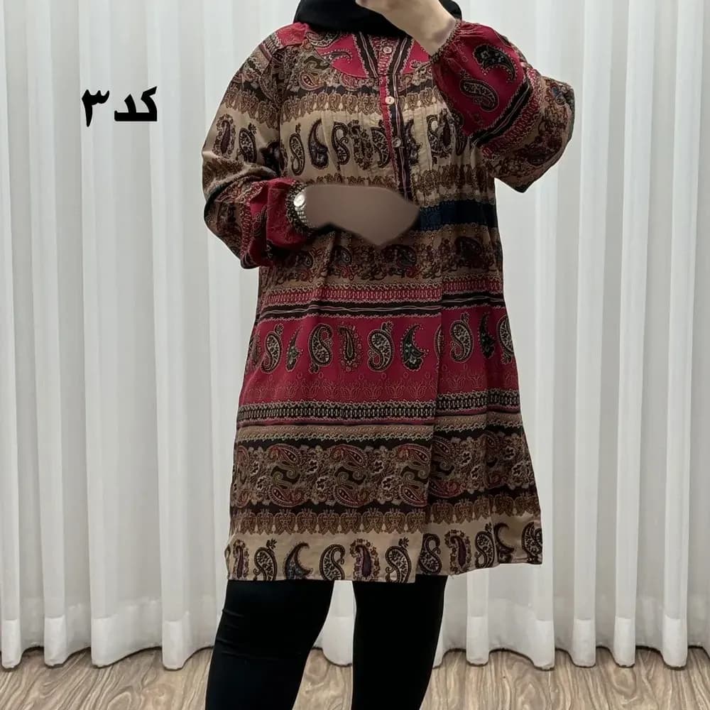 تونیک سایزبزرگ وارداتی مدل ترمه افقی کد 1617 جنس نخی چهارفصل زنانه سایز 6 تا 8 — تصویر ۵