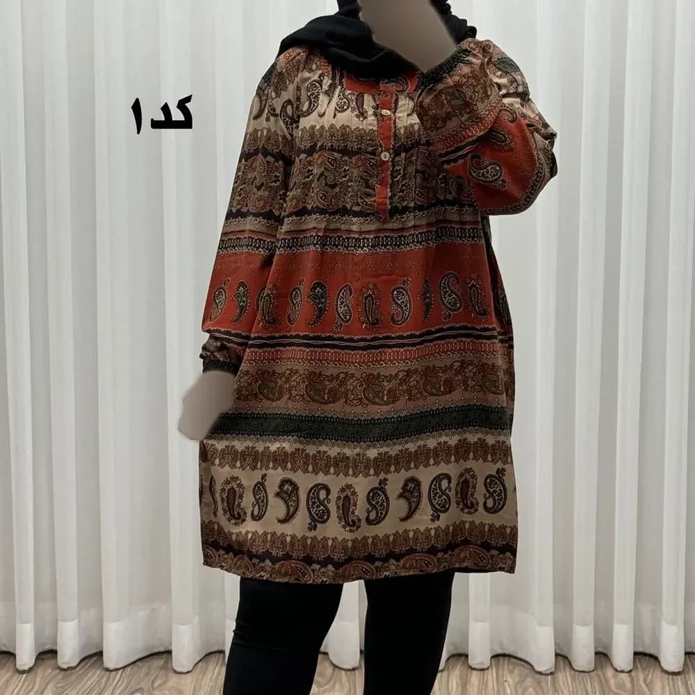 تونیک سایزبزرگ وارداتی مدل ترمه افقی کد 1617 جنس نخی چهارفصل زنانه سایز 6 تا 8 — تصویر ۷