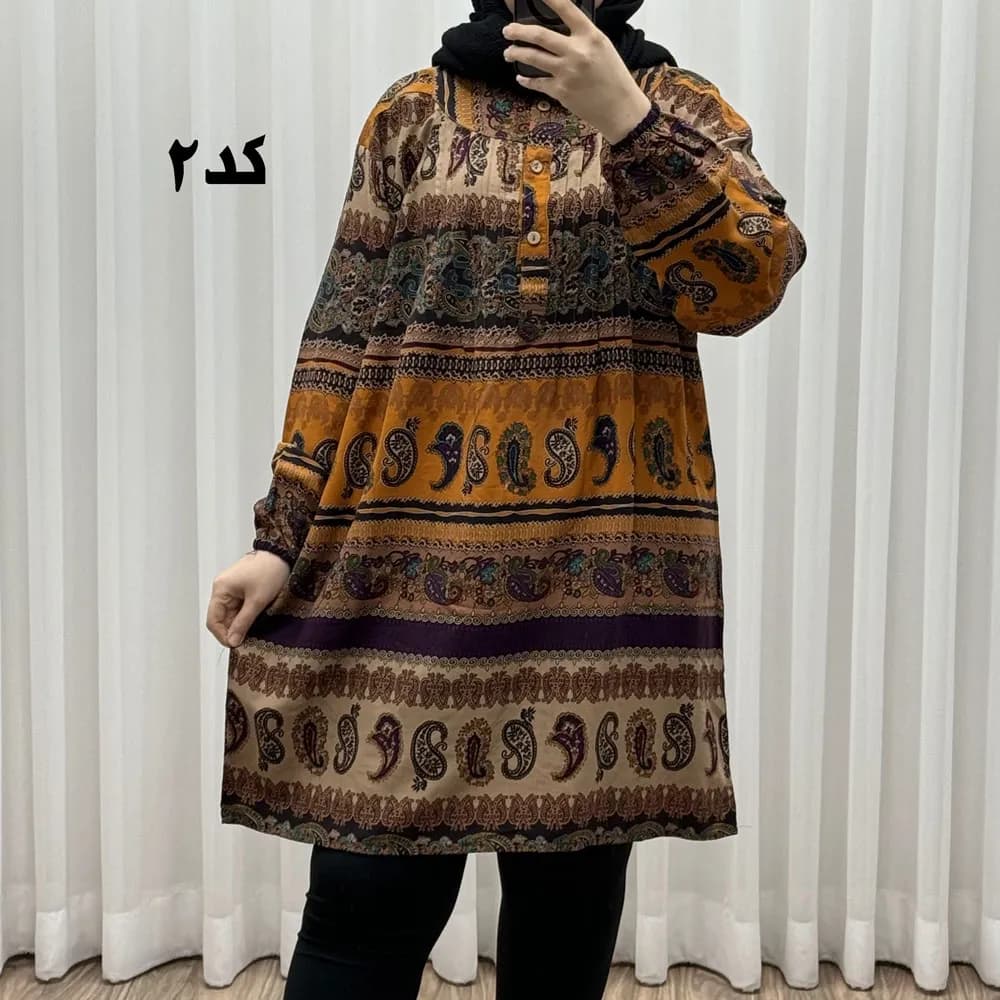 تونیک سایزبزرگ وارداتی مدل ترمه افقی کد 1617 جنس نخی چهارفصل زنانه سایز 6 تا 8 — تصویر ۴