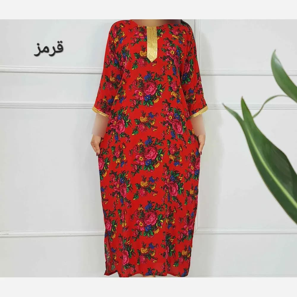 پیراهن ساحلی ترکمنستان طلاکوب گل درشت فری سایز تا 54 نخی شسته شده بدون آبرفت و رنگ رفت کمربند دار سایه نمیندازد — تصویر ۴
