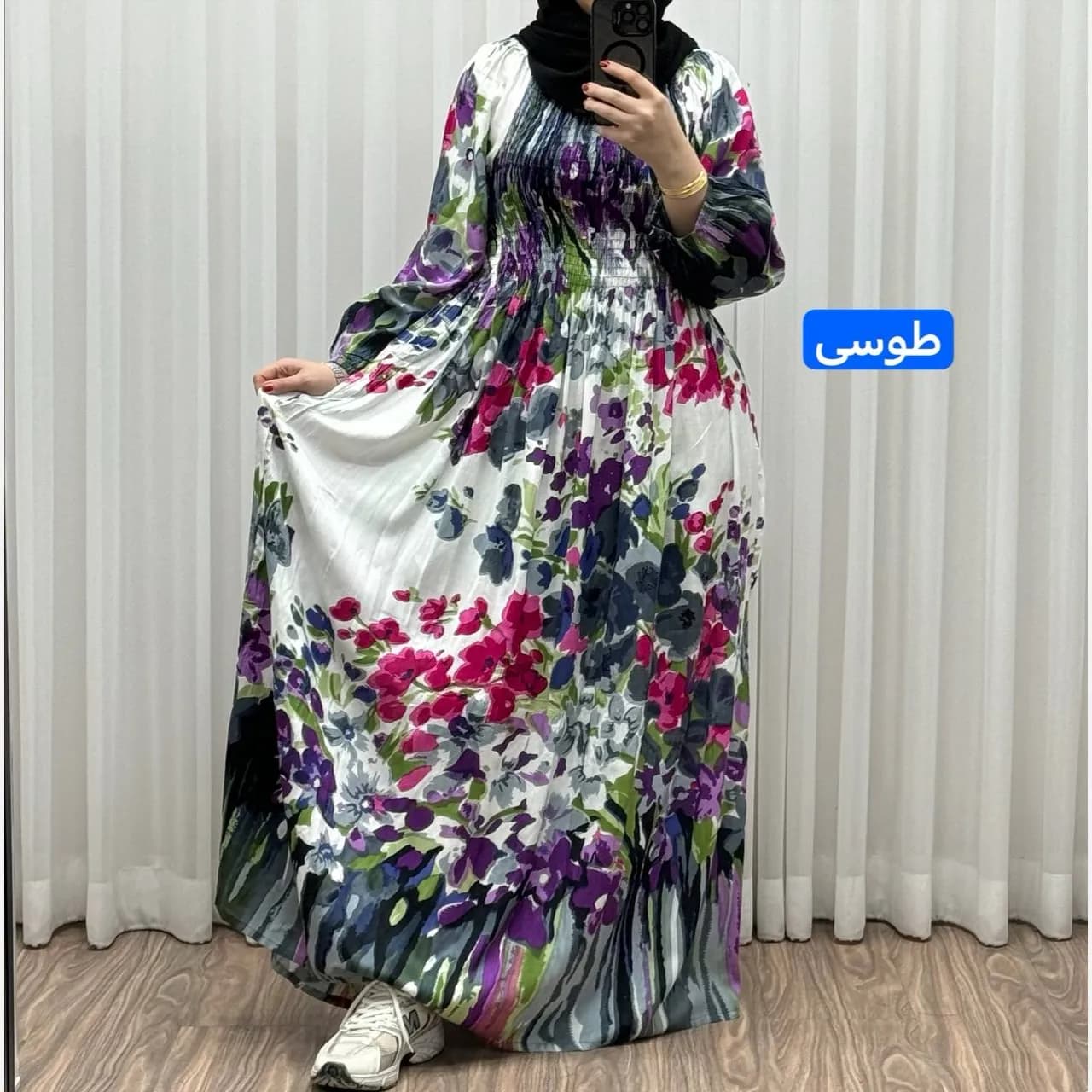 پیراهن ساحلی آبرنگی کریشه فری سایز زنانه آستین بلند تا سایز 54 مناسب چهارفصل شیک و راحت بدون بدن نما — تصویر ۵