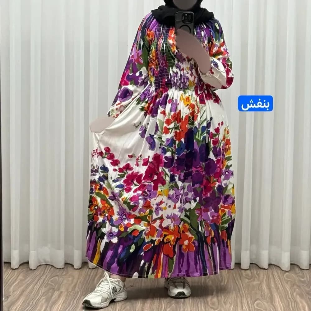 پیراهن ساحلی آبرنگی کریشه فری سایز زنانه آستین بلند تا سایز 54 مناسب چهارفصل شیک و راحت بدون بدن نما — تصویر ۷