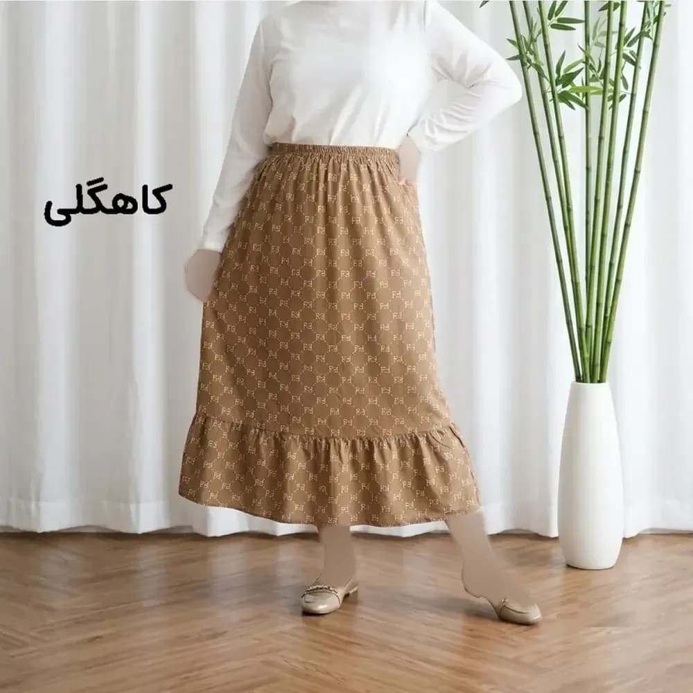 دامن پارچه خارجی مدل Fendi کد 1368 فری سایز تا 48 قد 97 سانتیمتر جنس پفکی چهارفصل زنانه شیک راحت — تصویر ۹