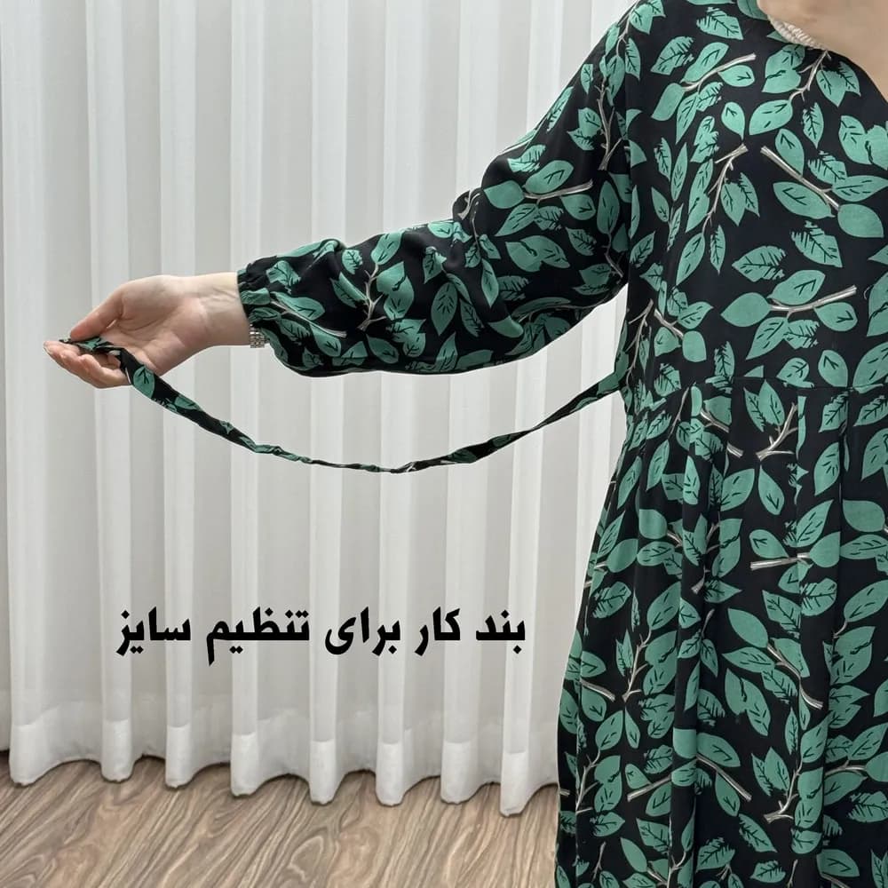 پیراهن نخی گلدار برگ فری سایز تا 46 سوپر نخ خارجی چهارفصل زنانه شیک راحت سایه نمیندازد کمربند دارد — تصویر ۳