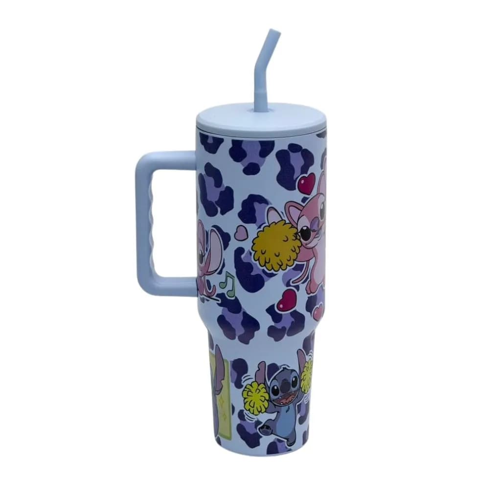 تامبلر استیچ طرح پلنگی 1200ml با نی فلزی — تصویر ۳