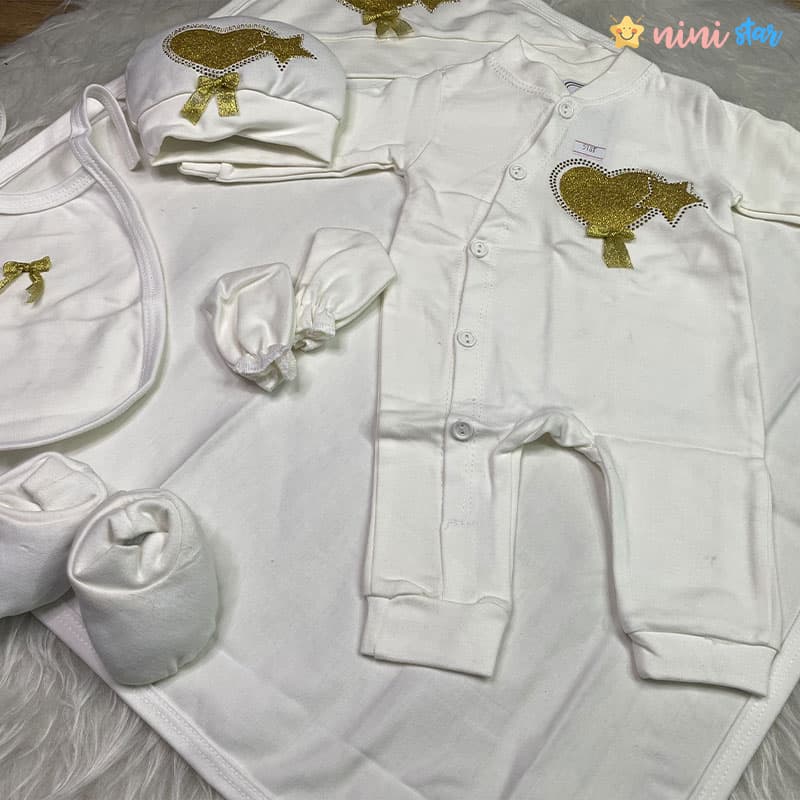 ست بیمارستانی نوزادی 7 تکه مدل قلب و ستاره طلایی دورو پنبه — تصویر ۳