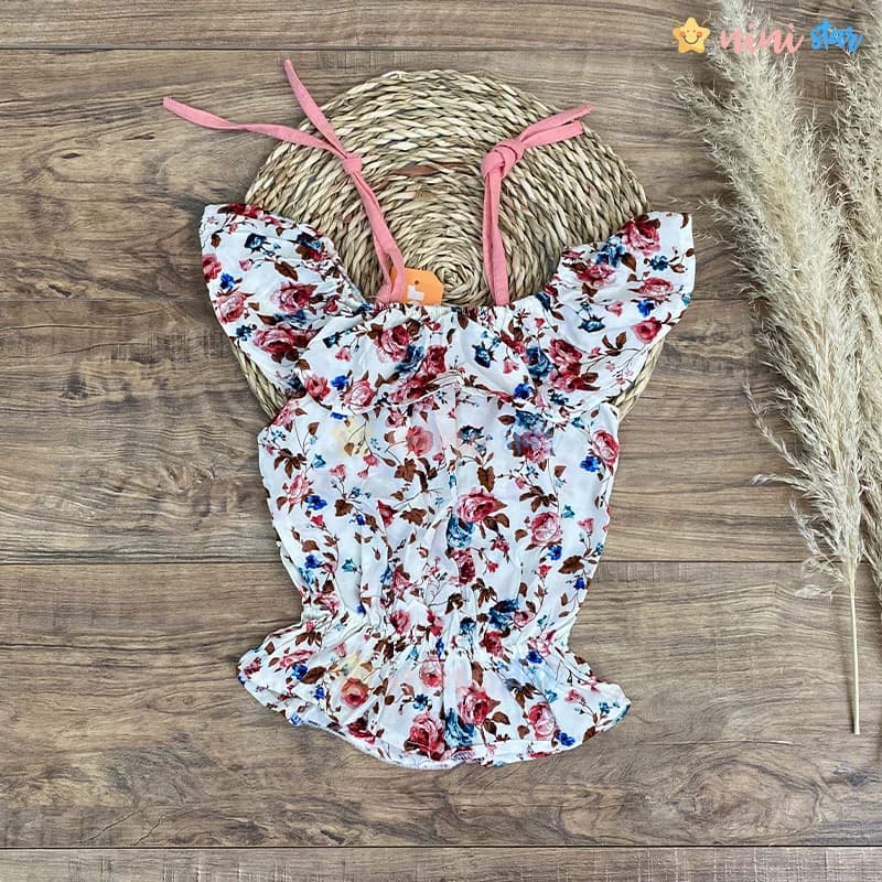 تاپ ساحلی دخترانه سفید گلدار