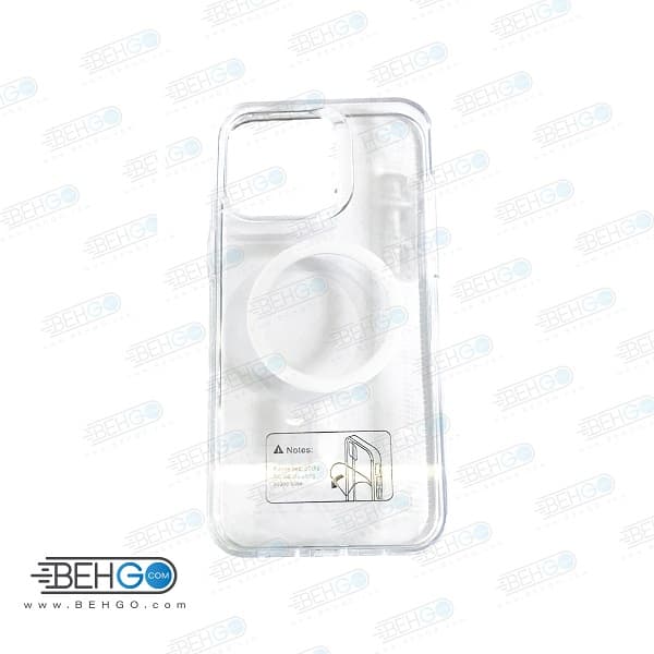 کاور گوشی آیفون مدل پشت شفاف دوررنگی مگ سیف دار iphone 15 pro max