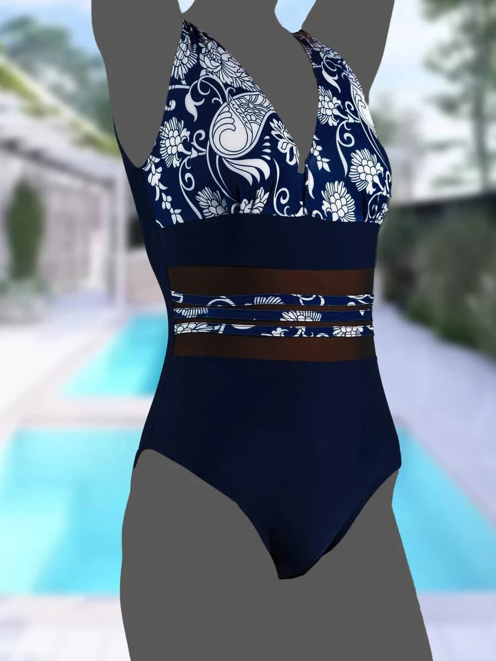 مایو شیک کمر شیشه ای زنانه شیک در مدل اسلیپ کاپدار اسپیدو ( Speedo ) سرمه ای — تصویر ۳