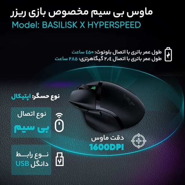 ماوس بی سیم مخصوص بازی ریزر مدل Basilisk X HyperSpeed اصلی — تصویر ۲