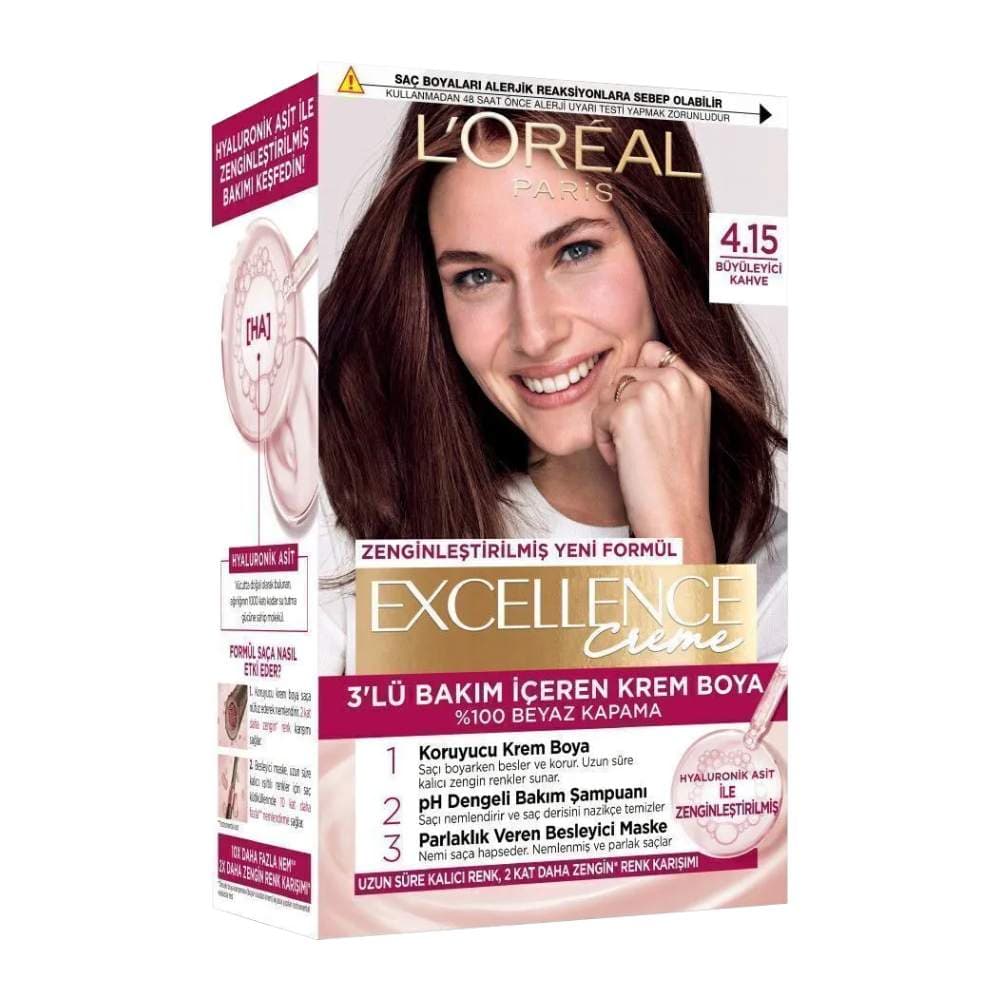 کیت رنگ مو لورآل LOreal سری Excellence Creme شماره 4.15 پایه رنگ قهوه ای درخشان
