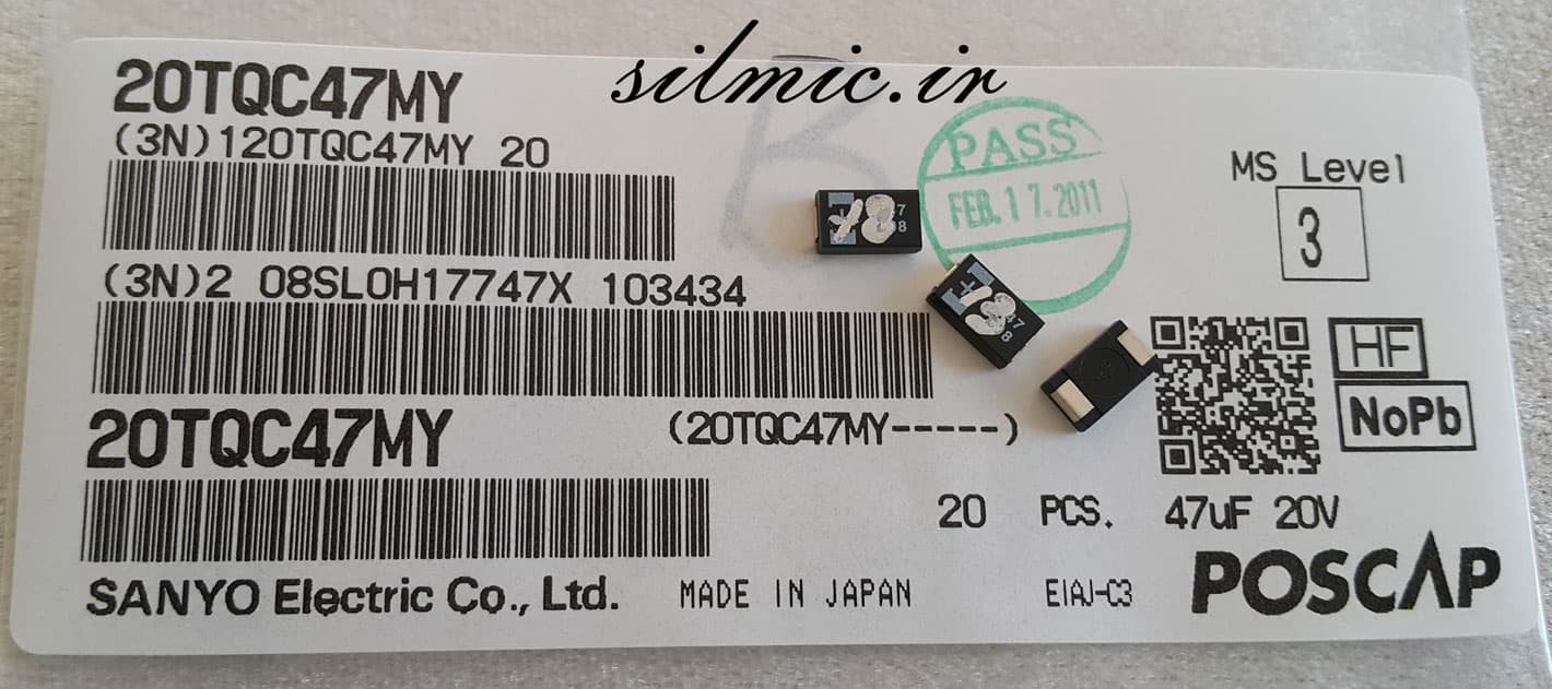 خازن پلیمر جامد تانتالیوم 47 میکرو فاراد 20 ولت Very Low ESR ساخت SANYO — تصویر ۲
