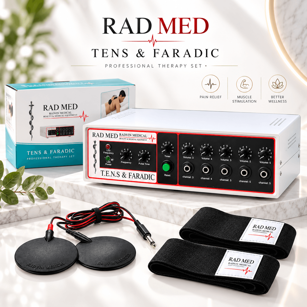 دستگاه فیزیوتراپی خانگی تنس و فارادیک RADMED دو کاناله 4 پد