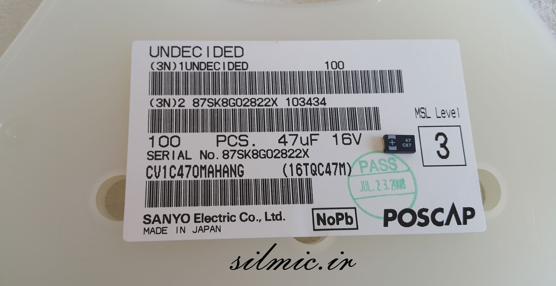 خازن پلیمر جامد تانتالیوم 47 میکرو فاراد 16 ولت Very Low ESR ساخت SANYO — تصویر ۲