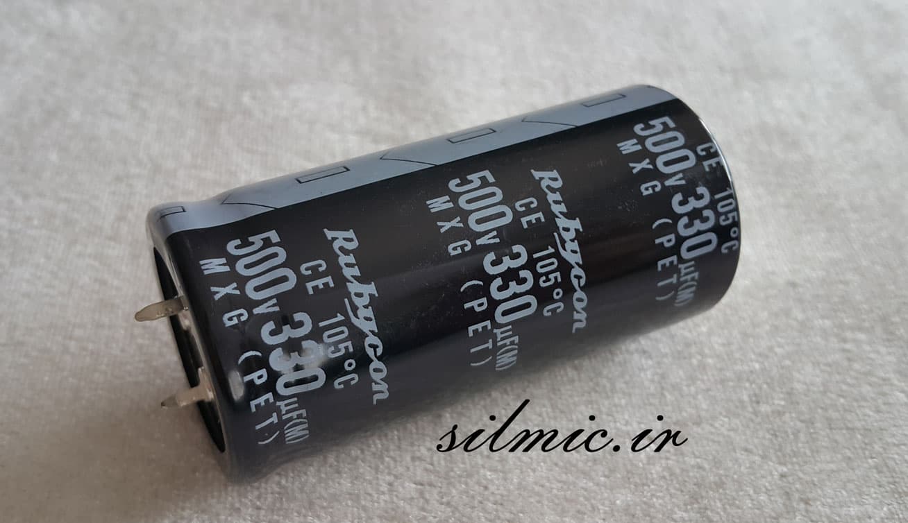 خازن الکترولیت 330 میکرو فاراد 500 ولت rubycon ژاپن سری mxg استاندارد