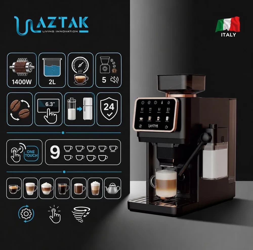 اسپرسوساز تمام اتوماتیک آزتک مدل A-8102 با فشار بخار 25 بار، آسیاب قهوه 12 مرحلهای، نمایشگر LCD و مخزن آب 2 لیتری — تصویر ۷