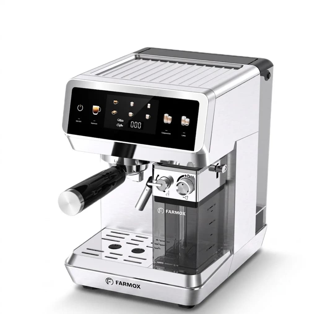 اسپرسوساز خانگی فارموکس مدل FX270 با مخزن آب 1500 میلی‌لیتر، فشار بخار 20 بار، صفحه‌نمایش لمسی و قابلیت تهیه اسپرسو، لاته و کاپوچینو تک و دبل
