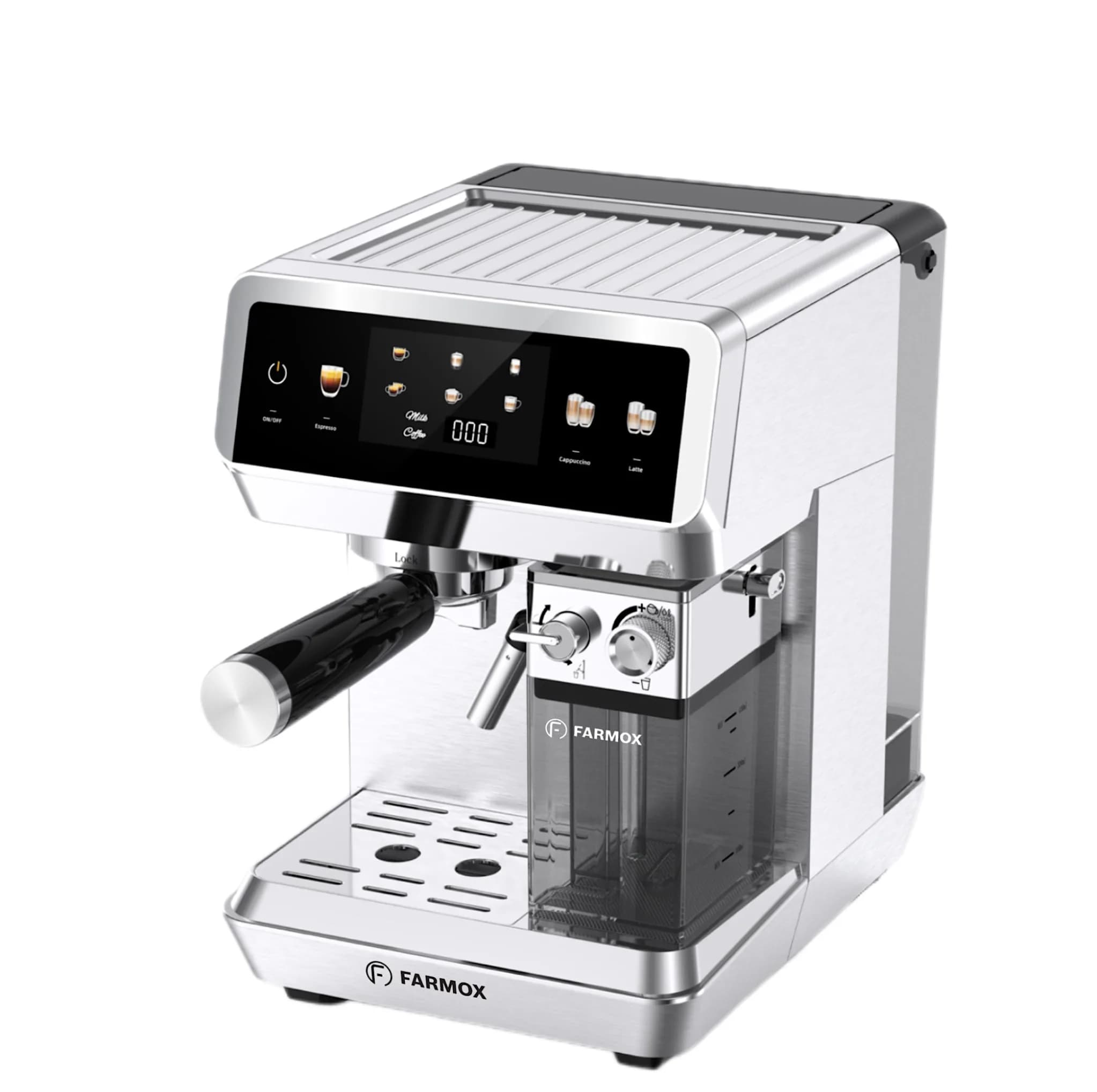 اسپرسوساز خانگی فارموکس مدل FX270 با مخزن آب 1500 میلی‌لیتر، فشار بخار 20 بار، صفحه‌نمایش لمسی و قابلیت تهیه اسپرسو، لاته و کاپوچینو تک و دبل — تصویر ۲