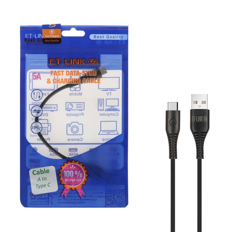کابل شارژ و دیتا پاوربانکی type-C فست ET link 5A