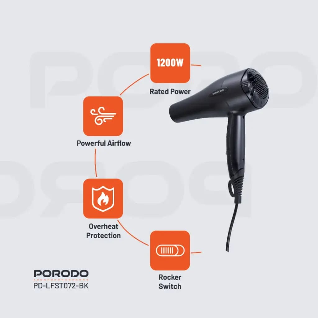 سشوار باد گرم Porodo lifestyle Negative ion no frizz hair dryer1200w Lfs072 — تصویر ۷