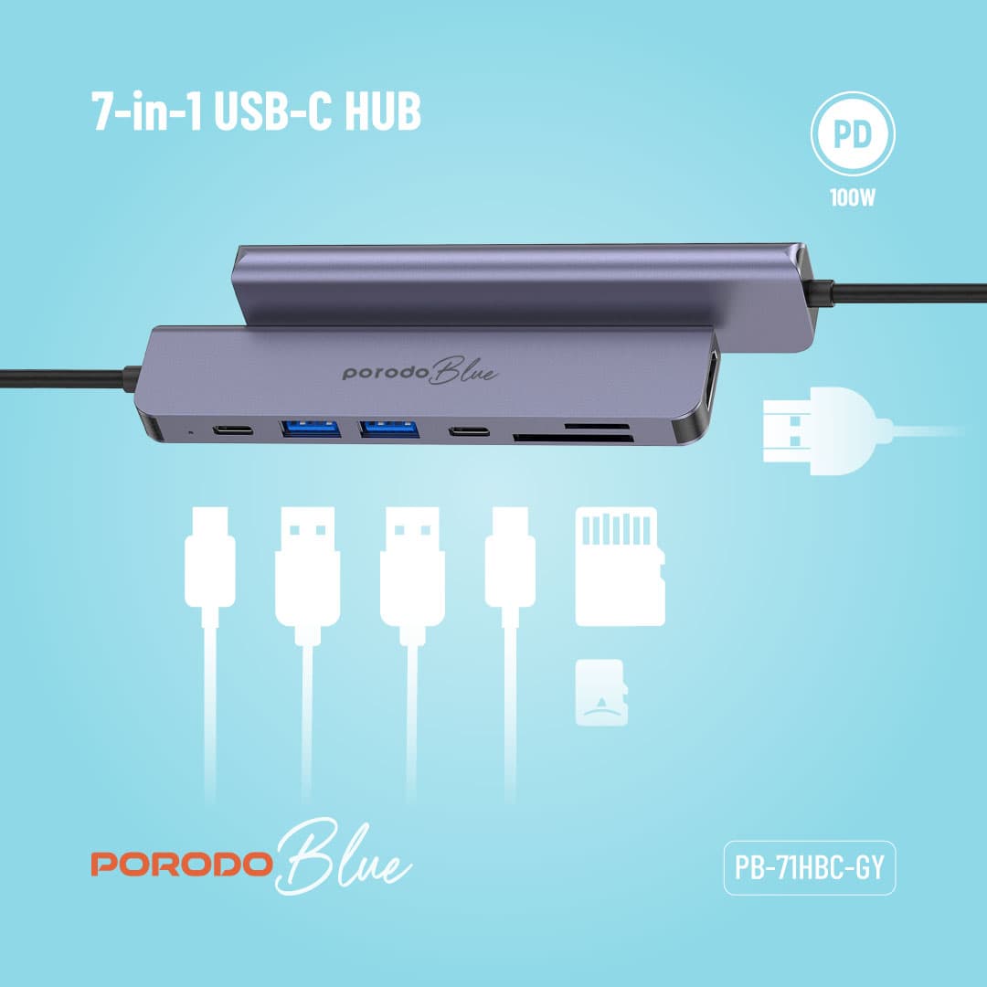 هاب 7 پورت 100 وات PD پرودو مدل Porodo Blue 7Ports USB-C Hub 4K HDMI PB71HBCGY — تصویر ۳