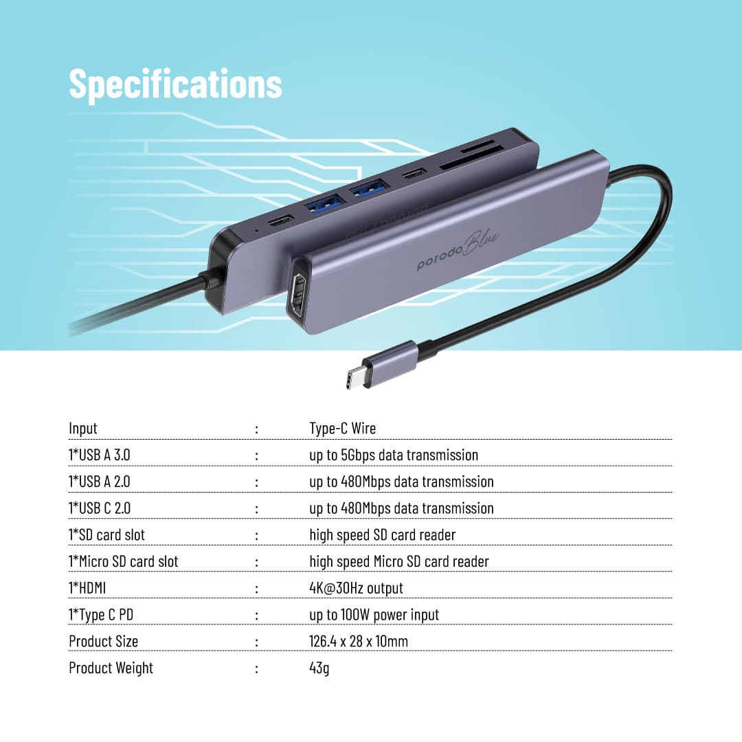 هاب 7 پورت 100 وات PD پرودو مدل Porodo Blue 7Ports USB-C Hub 4K HDMI PB71HBCGY — تصویر ۵