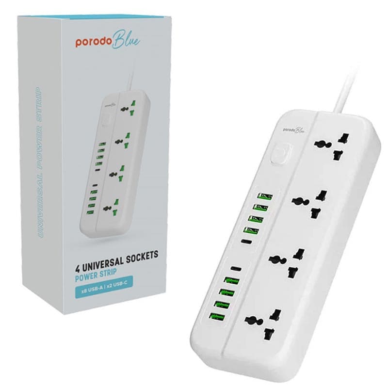 چندراهی برق کلیددار 4خروجی 2Type-C و 8USB با کابل3متری Porodo blue 4universal socket