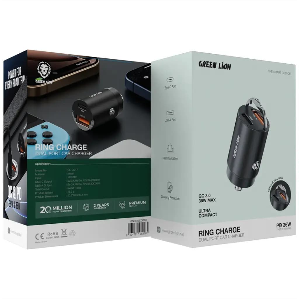 شارژر فندکی گرین لاین RING CHARGE با خروجی‌های USB-A و USB-C — تصویر ۲