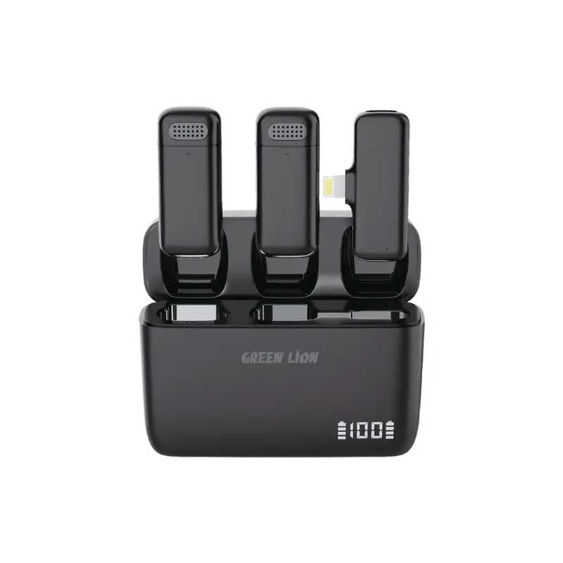 میکروفن بیسیم یقه ای شارژی 2عددی بهمراه کیس و صفحه نمایش Green Lion Duo Cast Wireless Mic Lightning — تصویر ۲