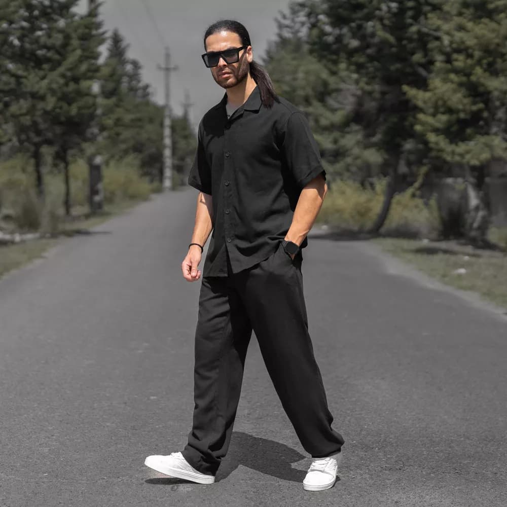 ست مردانه پیراهن و شلوار لینن مشکی کد 29730 — تصویر ۷