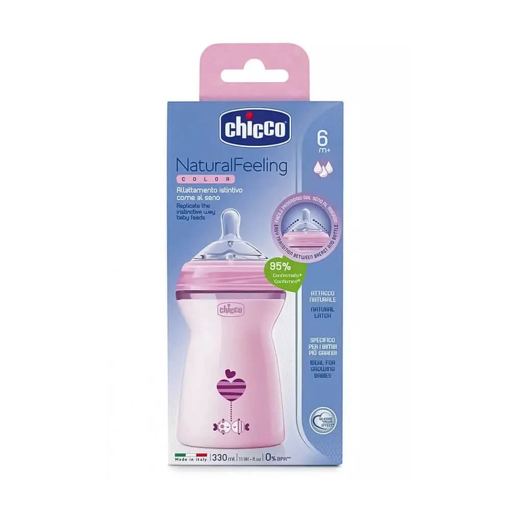 شیشه شیر نچرال فیلینگ قلب صورتی 330 میل چیکو Chicco — تصویر ۲