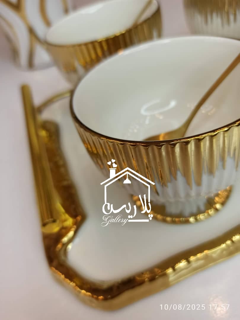 ست سینی و بستنی و دسرخوری هاشور طلا 46283 — تصویر ۴