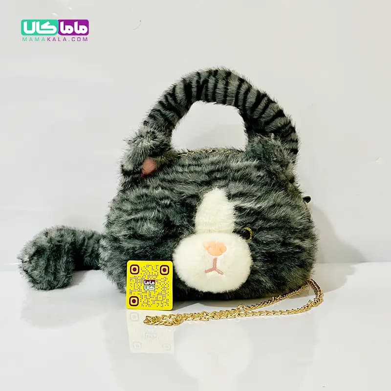 کیف عروسکی ‌بزرگ پرزی مدل گربه طوسی 40 سانتیمتر