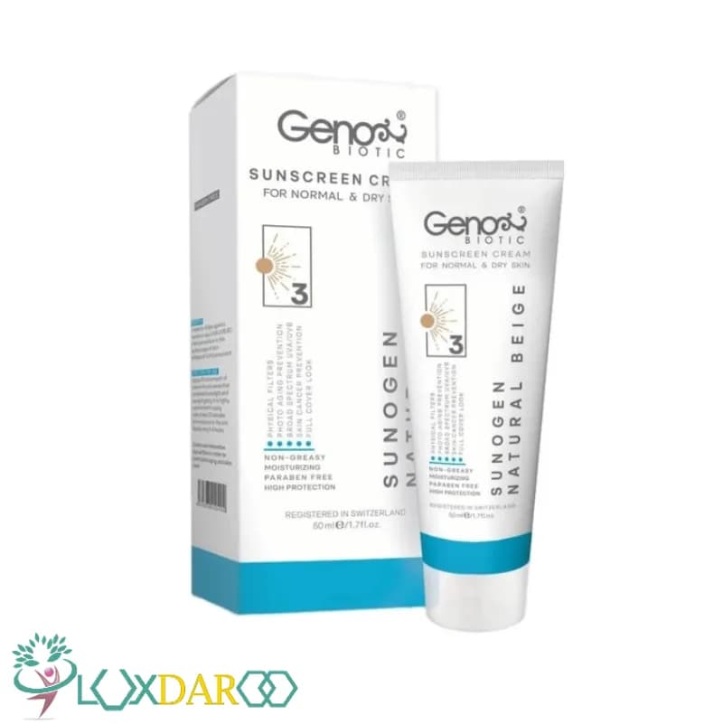کرم ضد آفتاب بژ طبیعی ژنوبایوتیک پوست خشک و معمولی SPF50