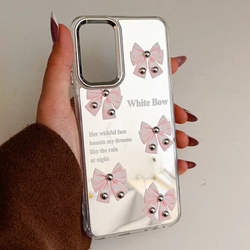 گارد گوشی A32 طرح آیینه ای فانتزی مدل پاپیون نگین دار رنگ صورتی a32 قاب و کاور