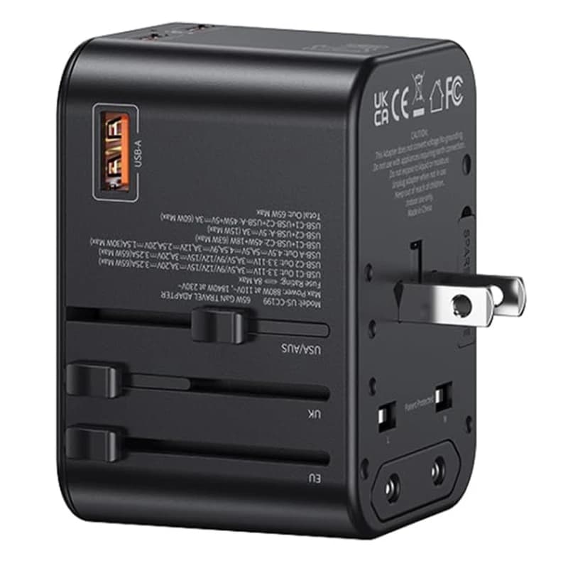 شارژر دیواری و آداپتور سفری یوسمز CC199 | توان 65 وات GaN، دو پورت Type-C + یک پورت USB-A، طراحی مسافرتی — تصویر ۵