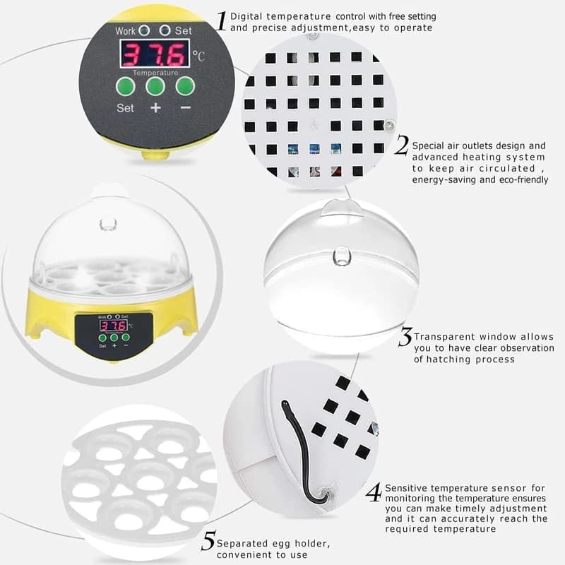 دستگاه جوجه‌کشی HHD 7 Egg Incubator | ظرفیت 7 تخم، کنترل دمای خودکار، نرخ هچینگ 98% — تصویر ۶