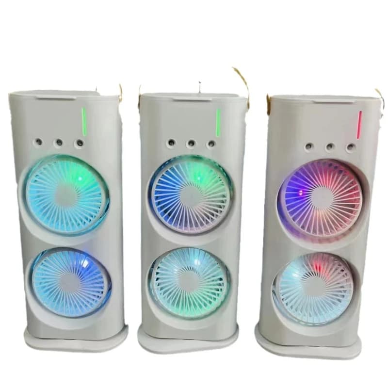 پنکه رومیزی مه پاش دو فن ریموت دار با نور RGB برق مستقیم و شارژی — تصویر ۳