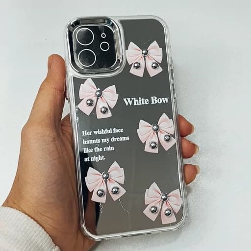 گارد گوشی Iphone 12/Iphone 12 pro طرح آیینه ای فانتزی مدل پاپیون رنگ صورتی نگین دار آیفون 12 نرمال و12 پرو قاب و کاور
