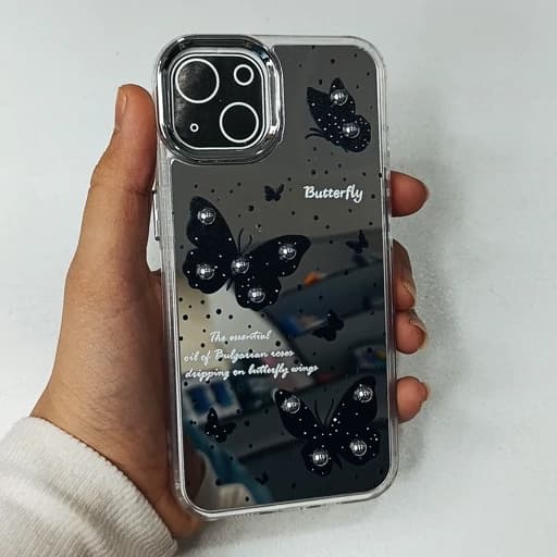 گارد گوشی Iphone 15/Iphone 14/Iphone 13 طرح آیینه ای فانتزی مدل پروانه رنگ مشکی نگین دار آیفون 13/14/15 نرمال قاب و کاور