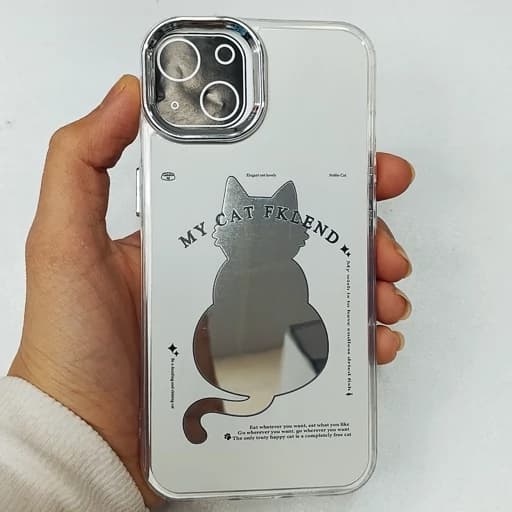 گارد گوشی Iphone 15/Iphone 14/Iphone 13 طرح آیینه ای فانتزی مدل گربه ای رنگ کرم آیفون 13/14/15 نرمال قاب و کاور